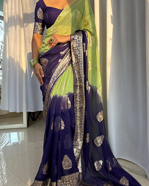 Parrot Green Color 2D Viscose Georgette Shaded Saree