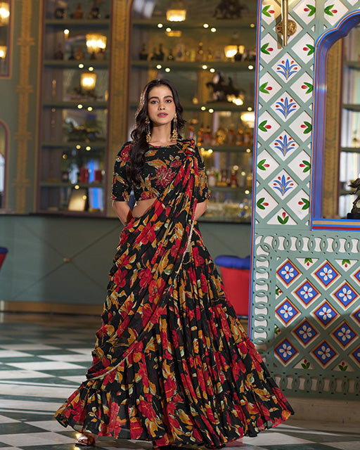 Black Color Marble Floral Printed Lehenga Choli