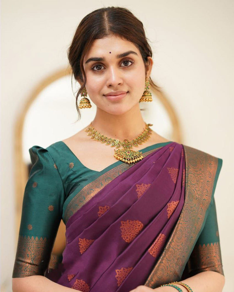 Wine Color Jacquard Print Banarasi Soft Silk Saree