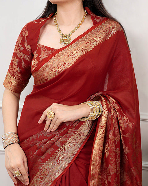 Rust Orange Poly Cotton zari Weaving Saree