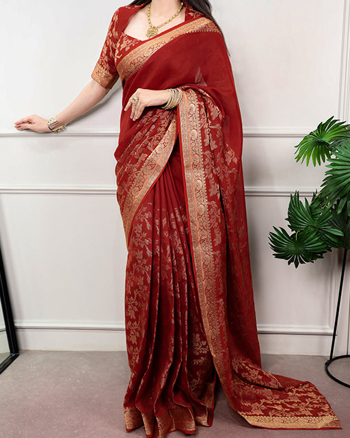 Rust Orange Poly Cotton zari Weaving Saree
