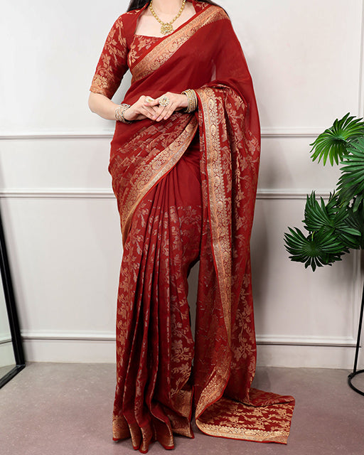Rust Orange Poly Cotton zari Weaving Saree