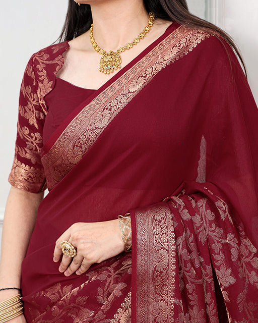 Dark Pink Poly Cotton Zari Weaving Saree