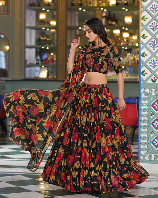 Black Color Marble Floral Printed Lehenga Choli