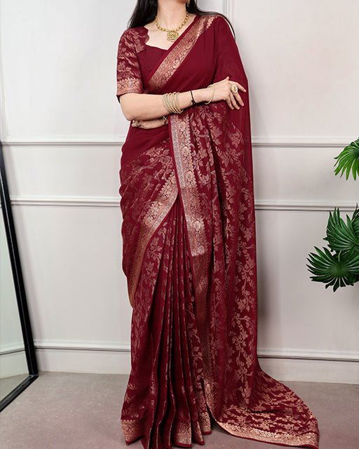 Dark Pink Poly Cotton Zari Weaving Saree