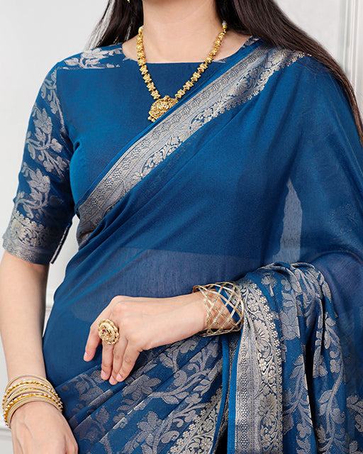 Teal Green Poly Cotton Zari Weaving Saree