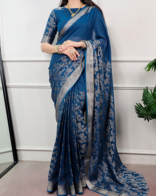 Teal Green Poly Cotton Zari Weaving Saree