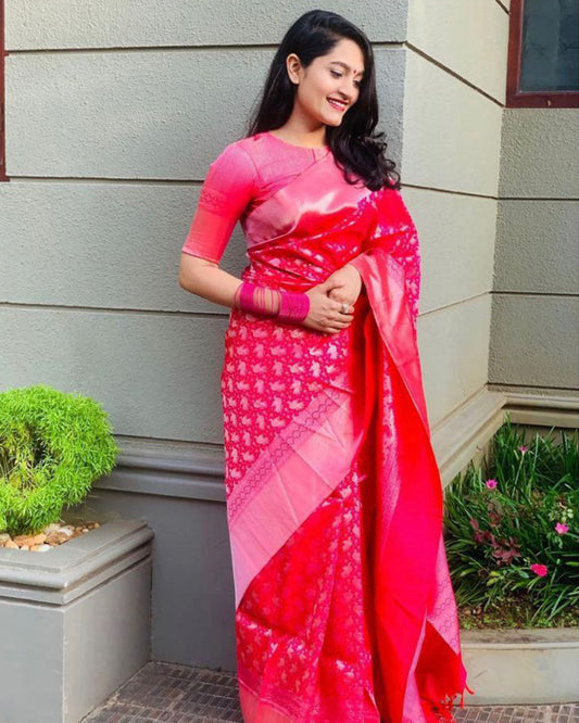 Heavy Designing Pink Color Banarasi Soft Silk Saree