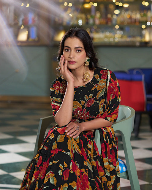 Black Color Marble Floral Printed Lehenga Choli