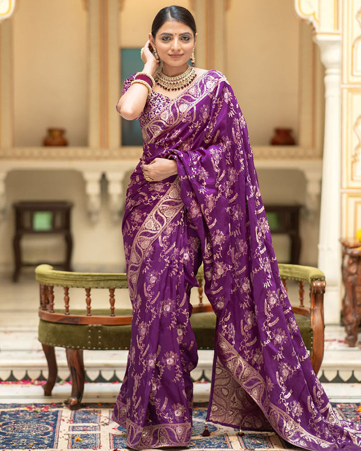 Purple Color Banarasi Jacquard Zari Weaving Saree