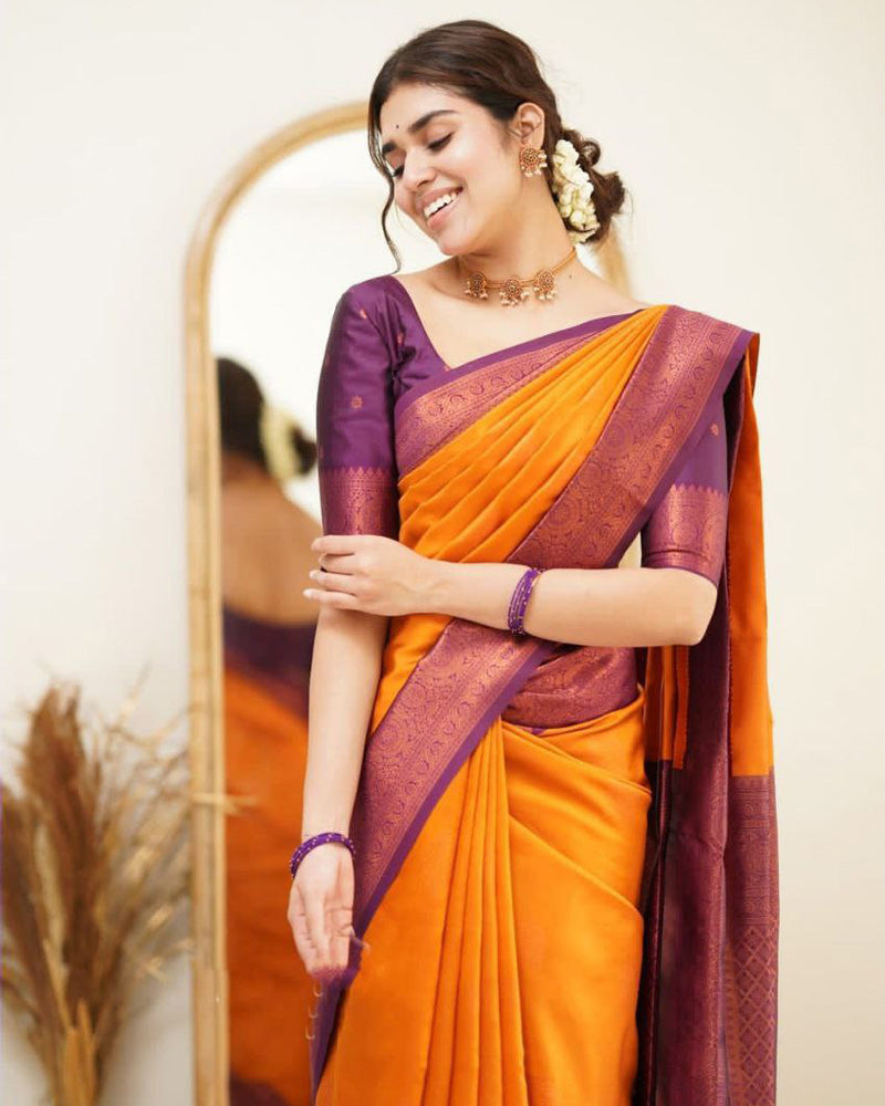 Orange Color Jacquard Print Banarasi Soft Silk Saree