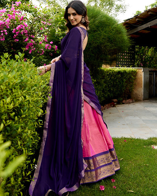 Elegant Pink Color Kanchipuram Designer Half Saree