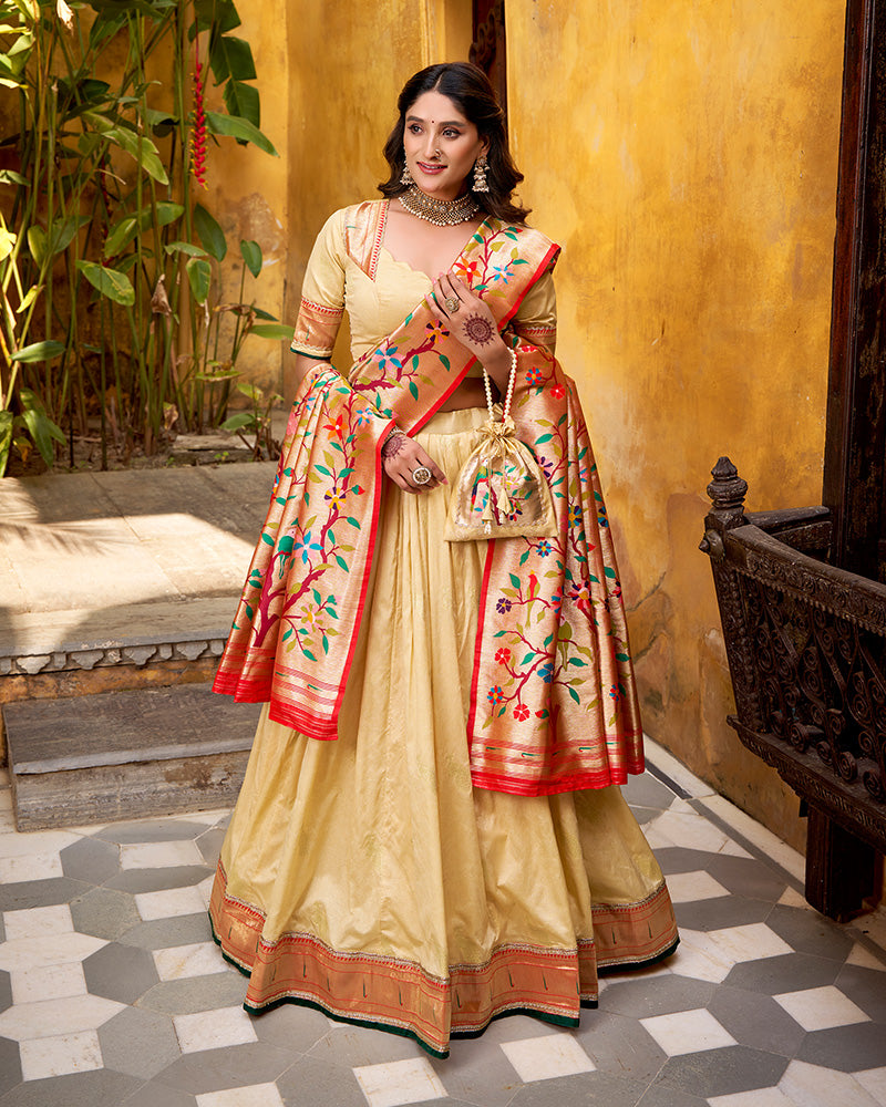 Cream Color Paithani Silk Zari Weaving Lehenga Choli