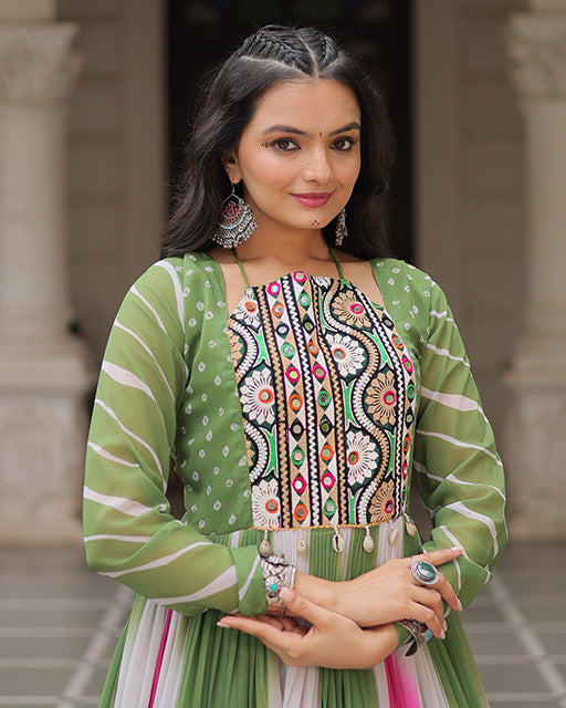 Green Color Faux Georgette Bandhej Print Navratri Gown