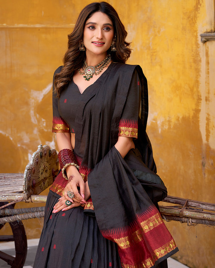 Elegant Black Pure Chanderi Half Saree With Zari Weaving