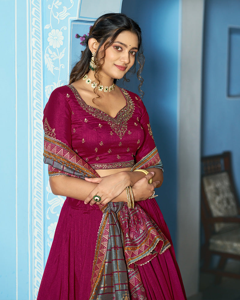 Elegant Rani Pink Embroidered Vichitra Silk Lehenga Choli