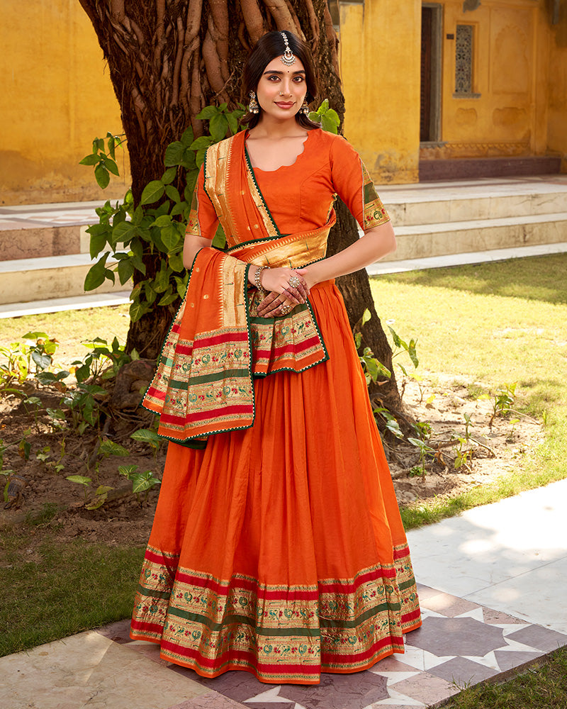 Orange Color Pure Nylon Chanderi Plain Half Saree