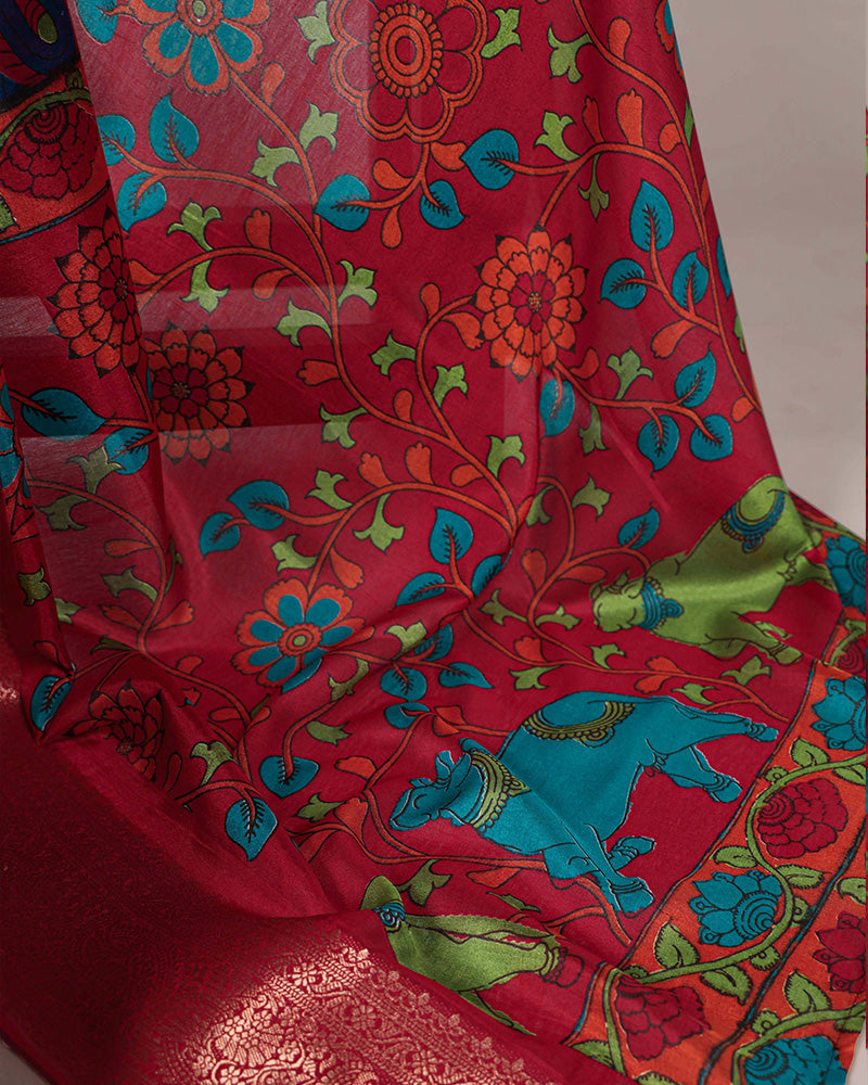 Firozi Color Tasar Silk Ethnic Printed Saree