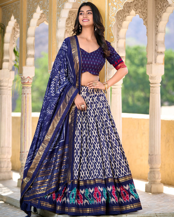 Navy Blue Color Tussar Silk Ikkat Printed Lehenga Choli