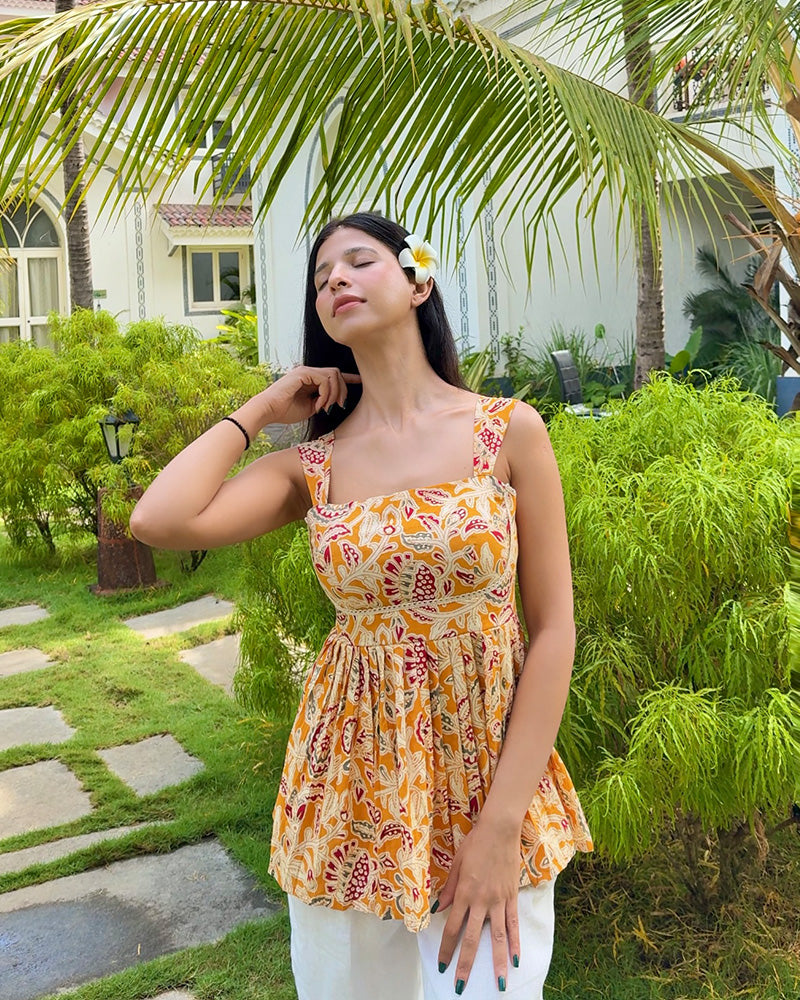 Yellow Color Pure Cotton Floral Printed Tunic