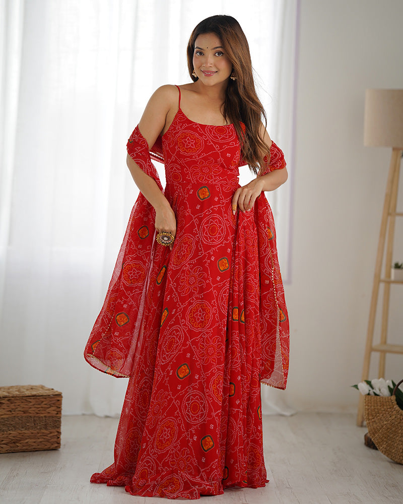 Floral Red Color Bandhani Print Soft Chiffon Anarkali Gown