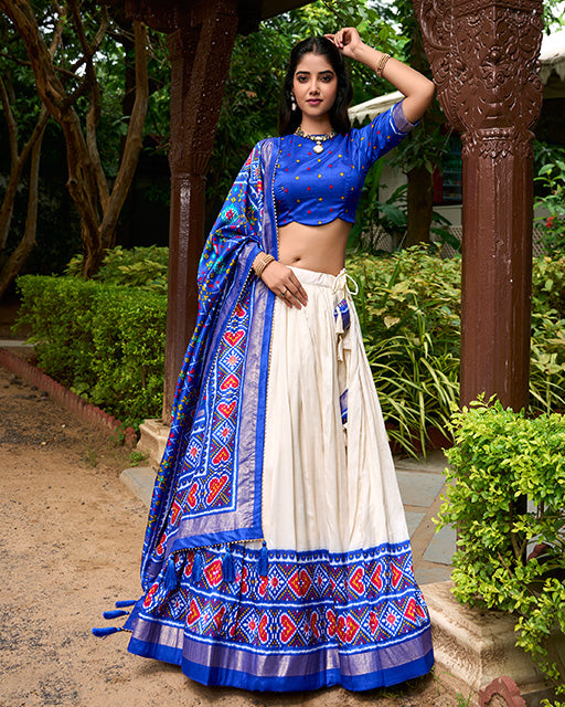 Royal Blue Color Tussar Silk Patola Printed Lehenga Choli