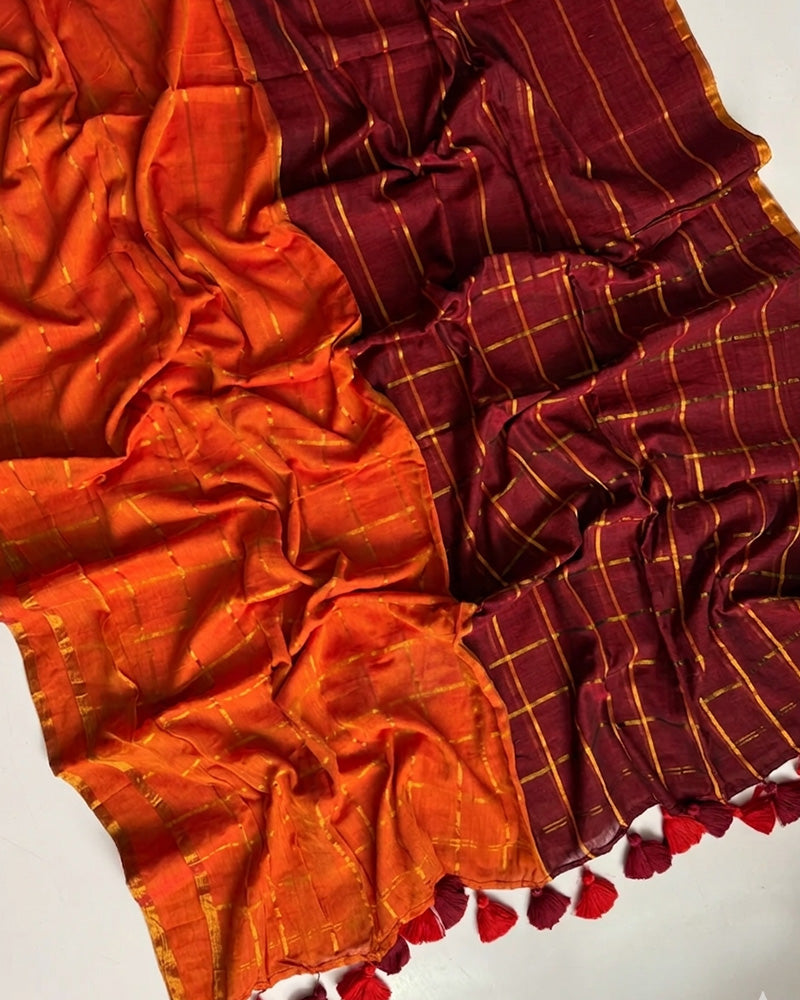 Rust Orange Color Pure Mal Cotton Chex Printed Saree