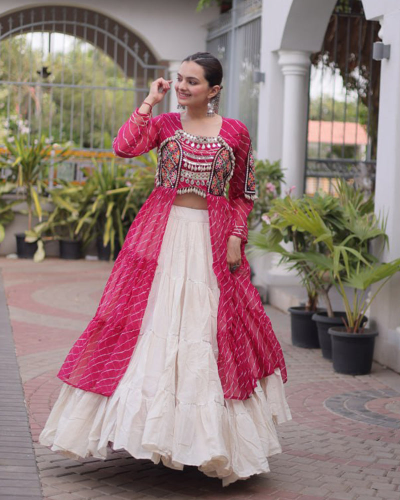 Three Color Bandhani Printed Kora Cotton Navratri Lehenga Choli