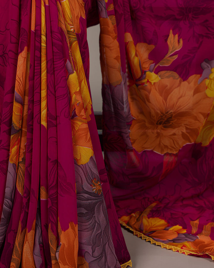 Pink Color Weightless Marble Floral Printed Saree