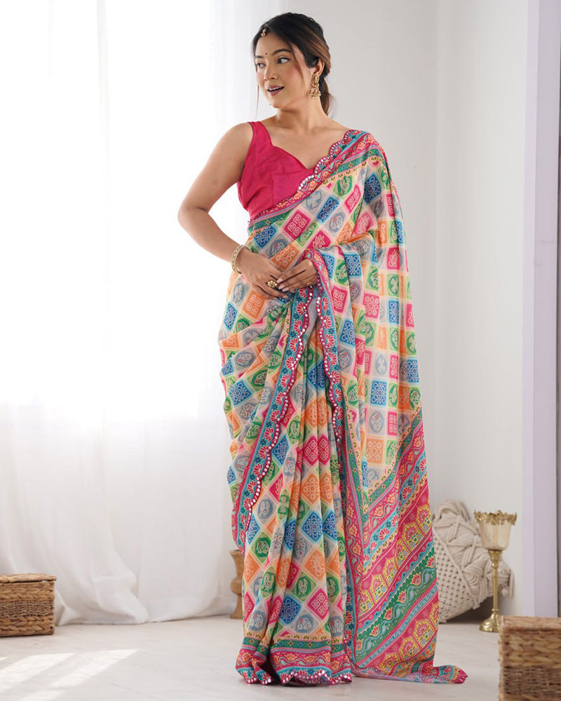 Multi Pink Color Chinnon Silk Saree