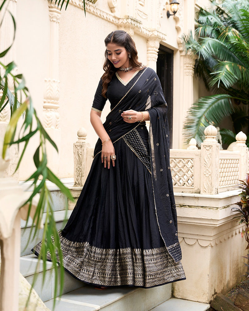 Black Color Pure Chanderi Plain Navratri Half Saree
