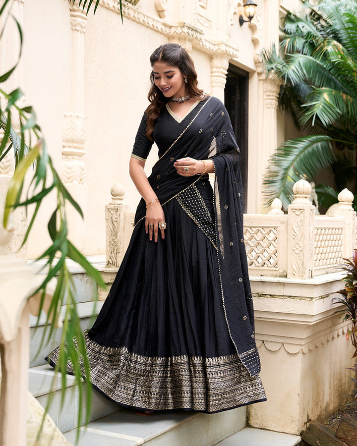 Black Color Pure Chanderi Plain Navratri Lehenga Choli