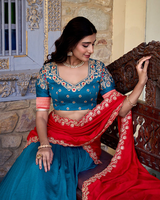 Teal Green Color Vichitra Silk Sequins Half Saree