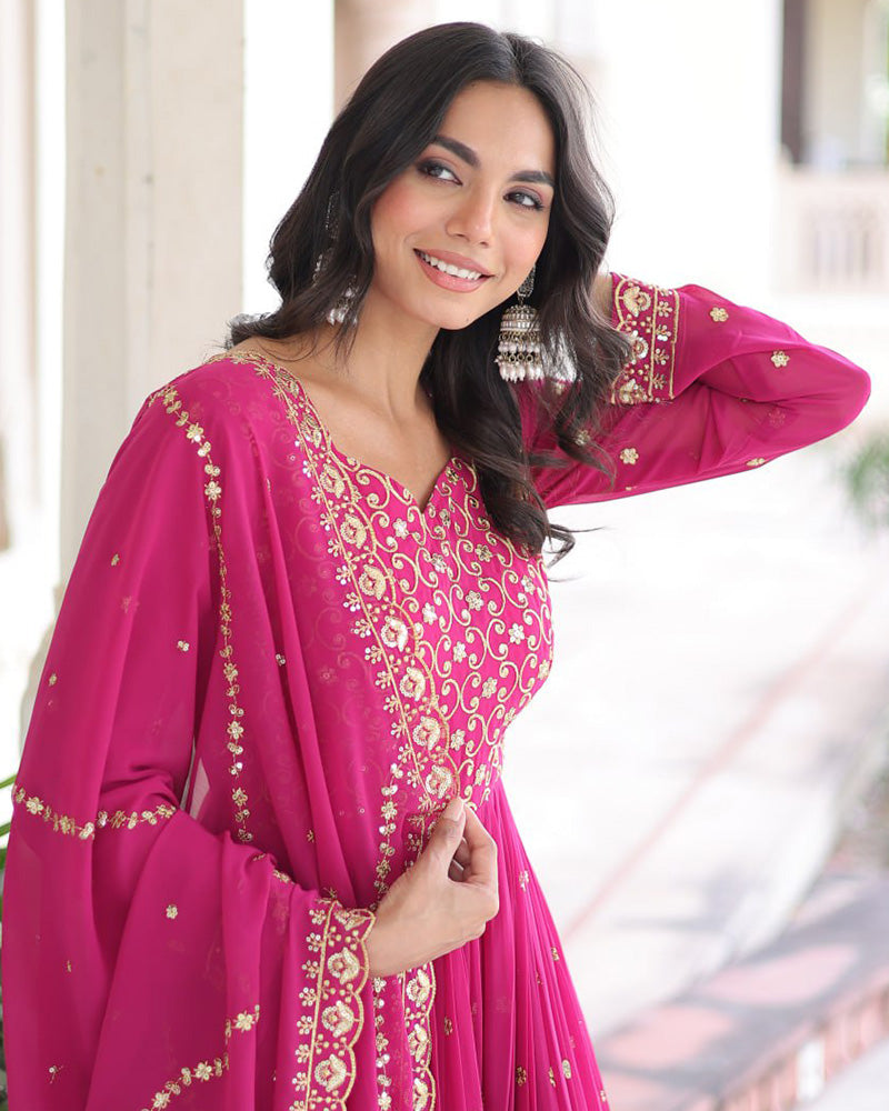 Hot Pink Color Georgette Embroidered Designer Gown