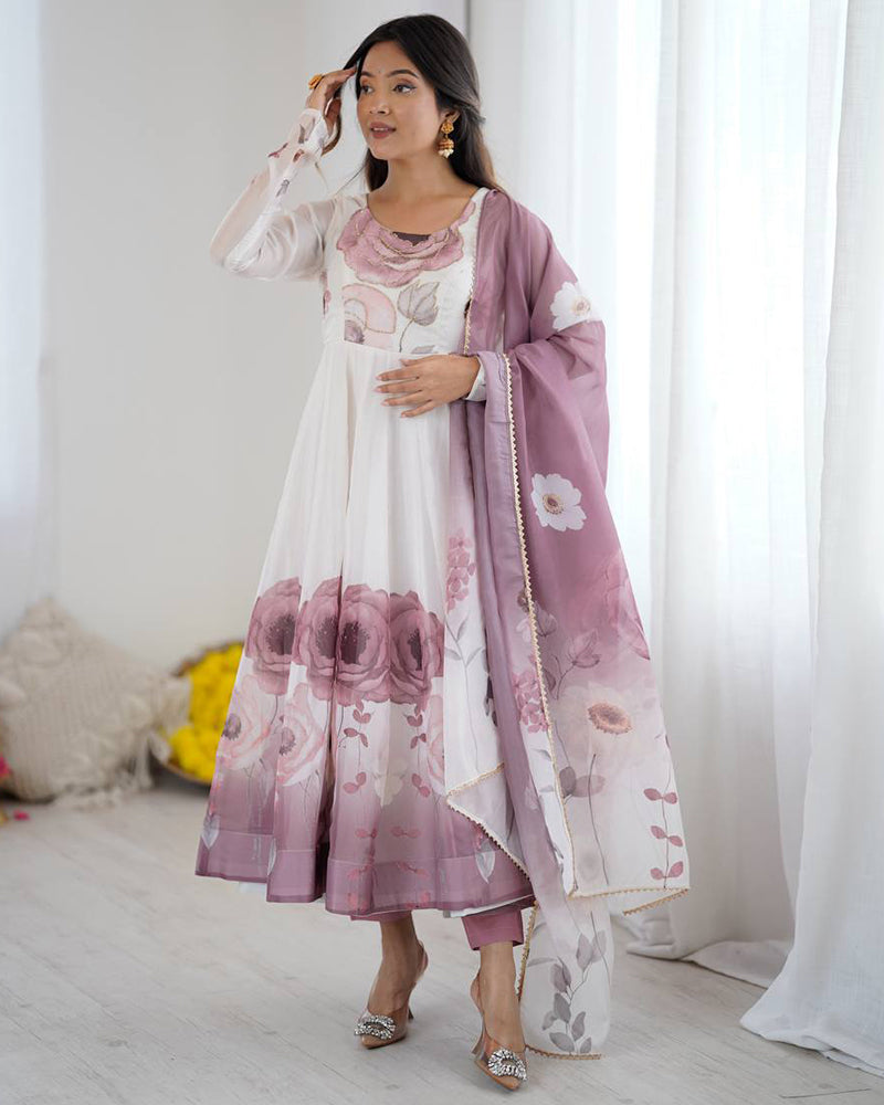 Onion Pink Color Floral Pure Soft Tebby Organza Three Piece Anarkali Suit