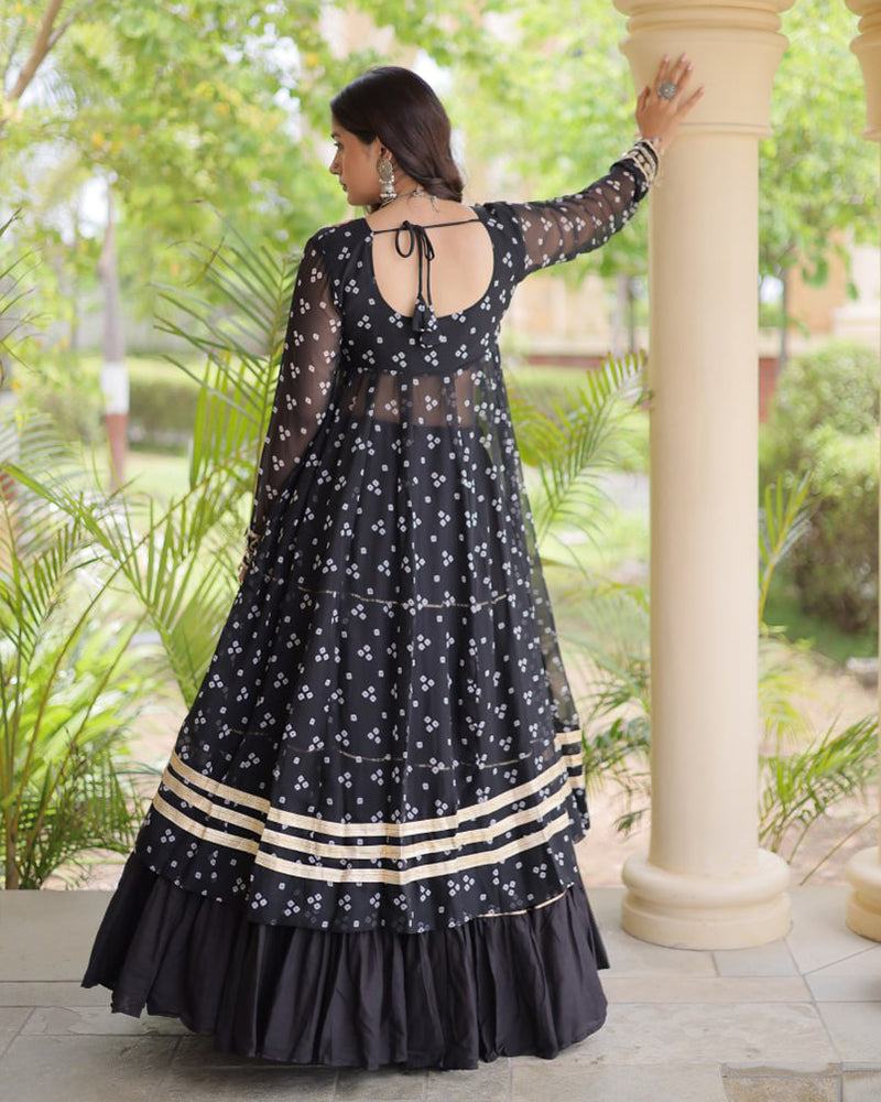Black Color Bandhani Printed Kurti With Kora Cotton Lehenga Choli