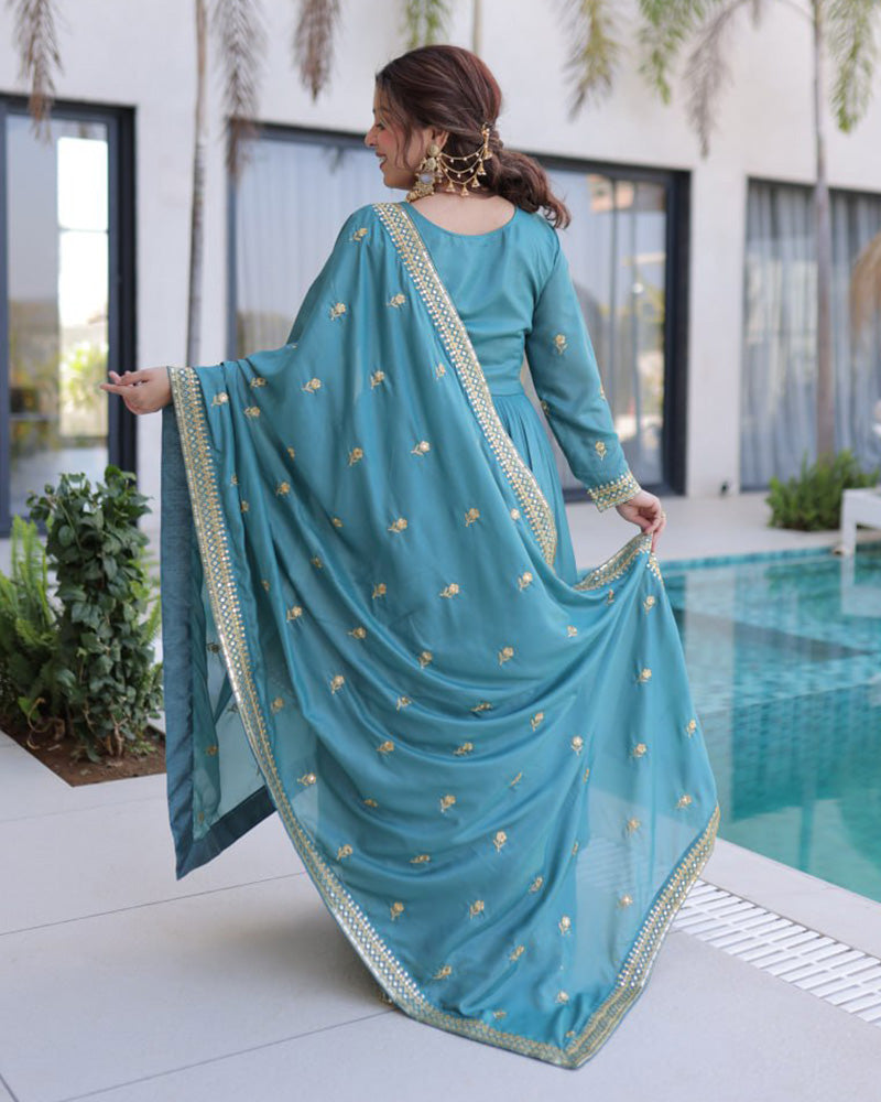 Dusty Teal Color Super Silk Embroidered Sharara Suit