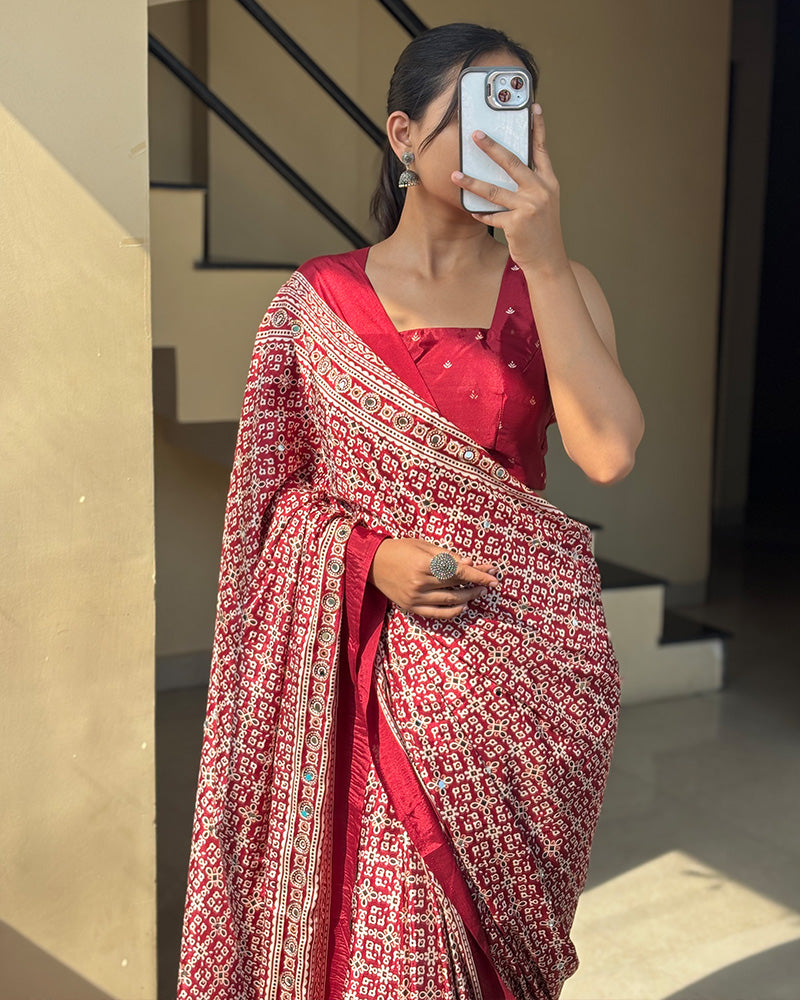 Maroon Color Pure Crape Silk Ajarakh Print Saree