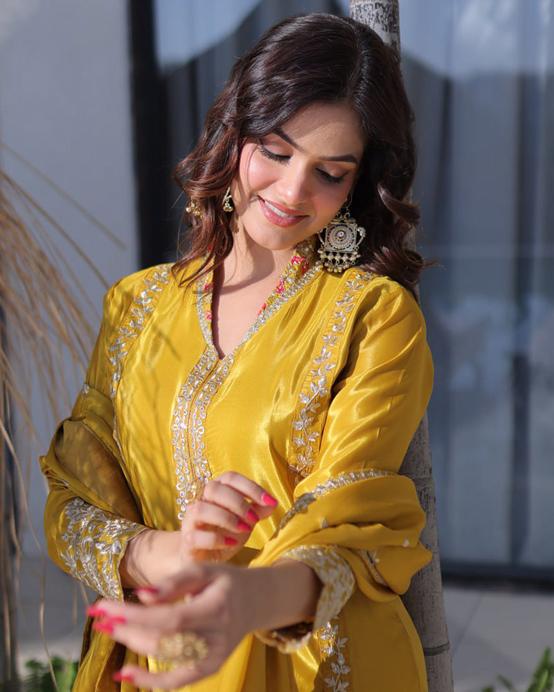 Yellow Color Ho Silk Embroidered Kurti Suit