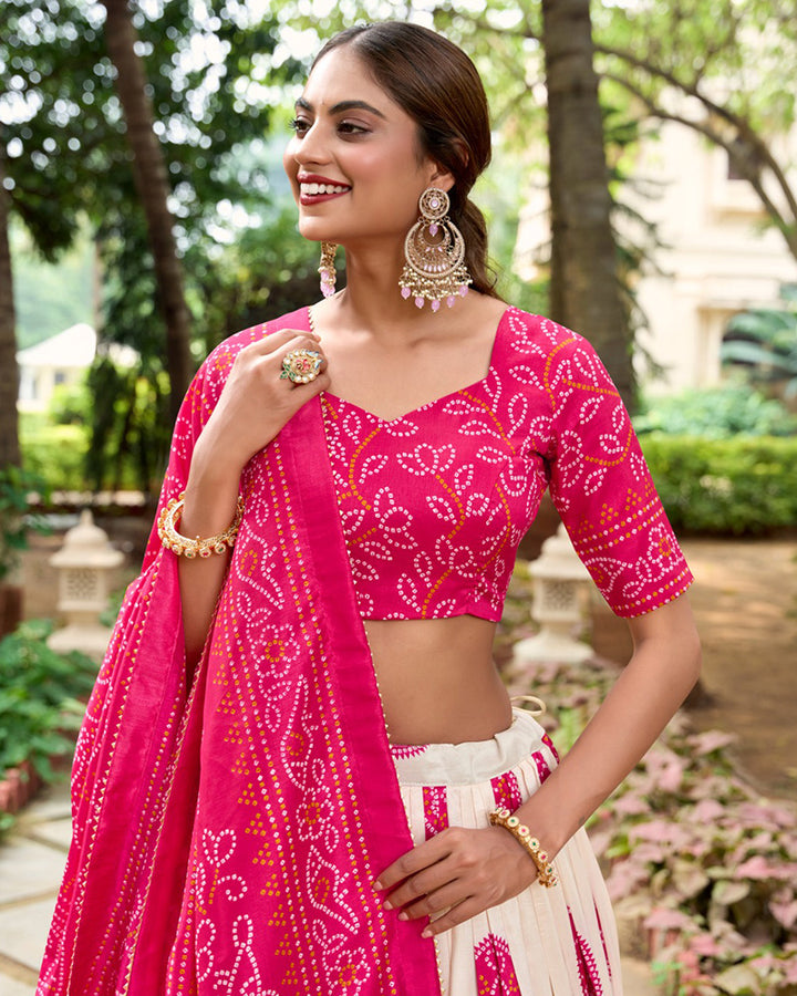 Pink Color Tussar Silk Bandhej Printed Lehenga Choli