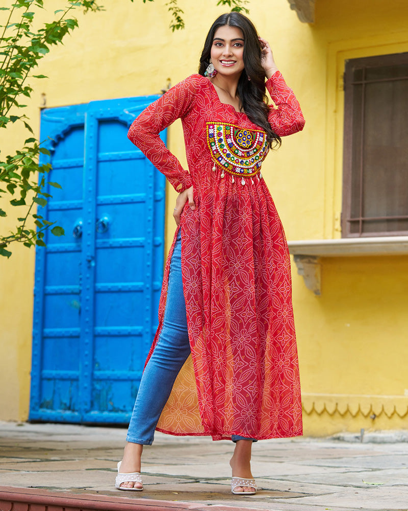 Festive Red Georgette Printed Kurti With Gamthi Patchwork