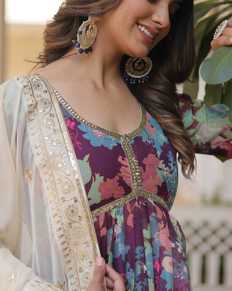 Wedding Wear Floral Embroidered Wine Color Alia Cut Gown With Dupatta