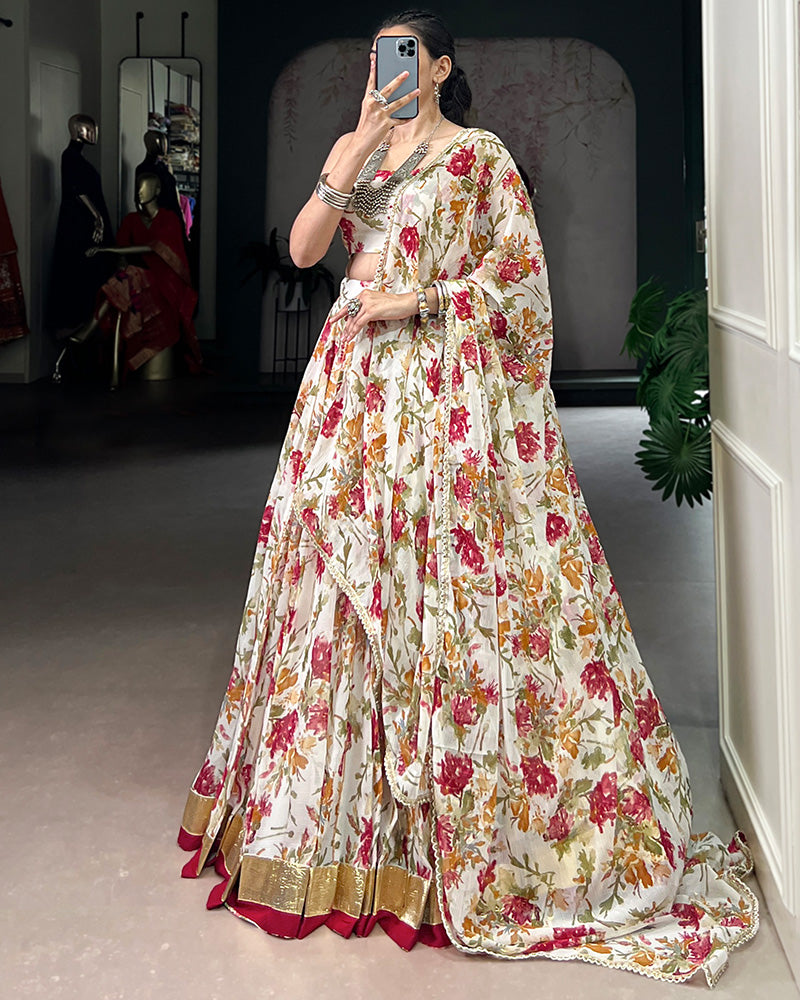 White Color Chiffon Printed Lehenga Choli