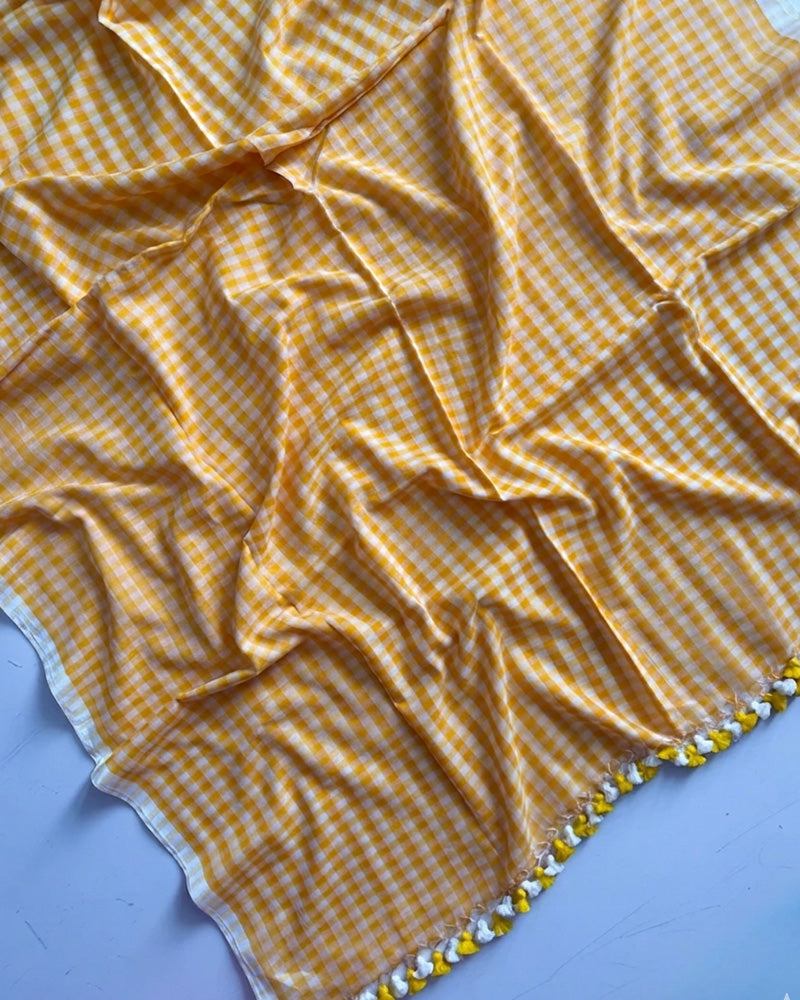 Yellow Color Pure Mal Cotton Chex Printed Saree