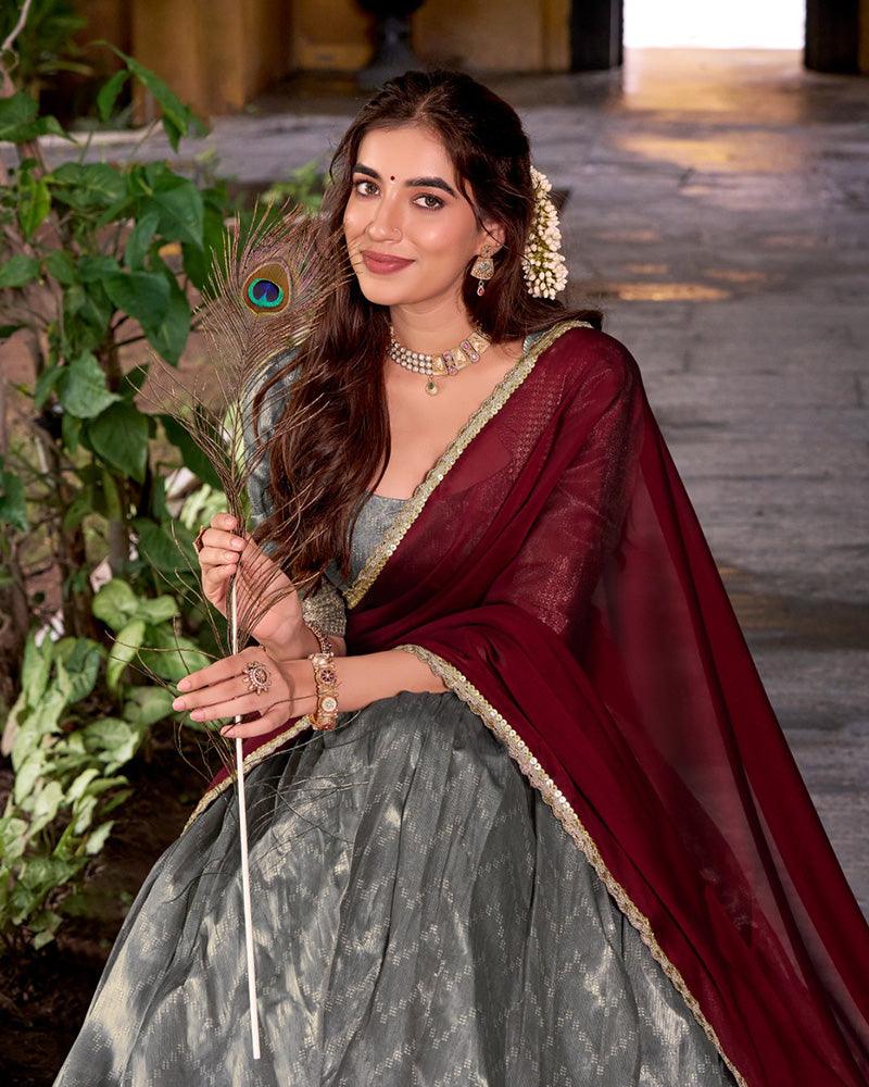 Grey Color Dupion Silk Zari Weaving Half Saree