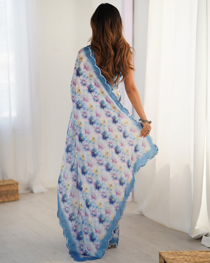 Sky White Color Chinnon Silk Digital Printed Saree