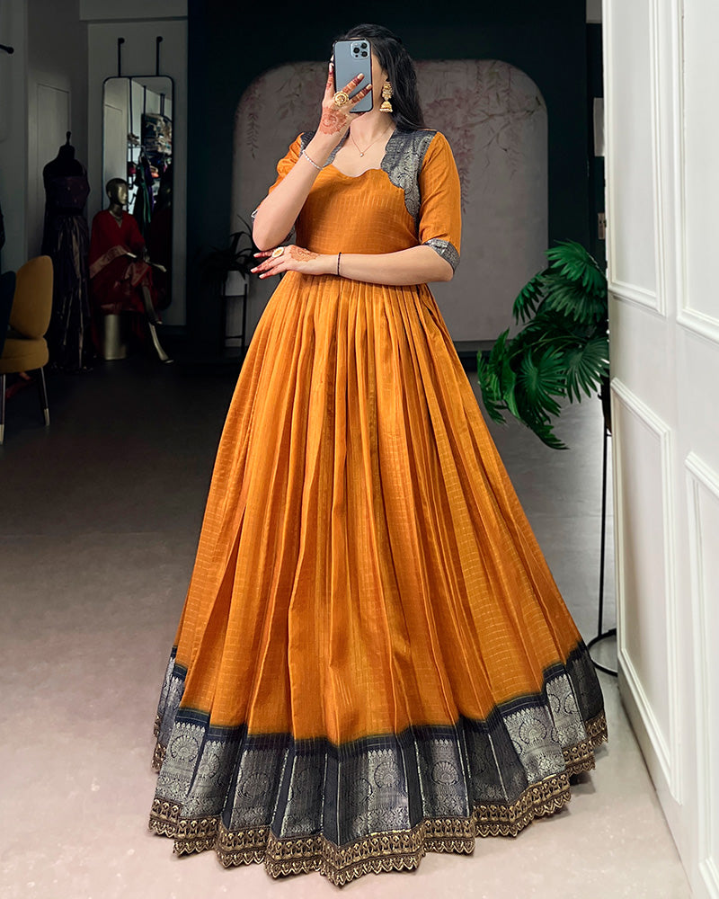 Mustard Color Dola Chex Zari Weaving Gown
