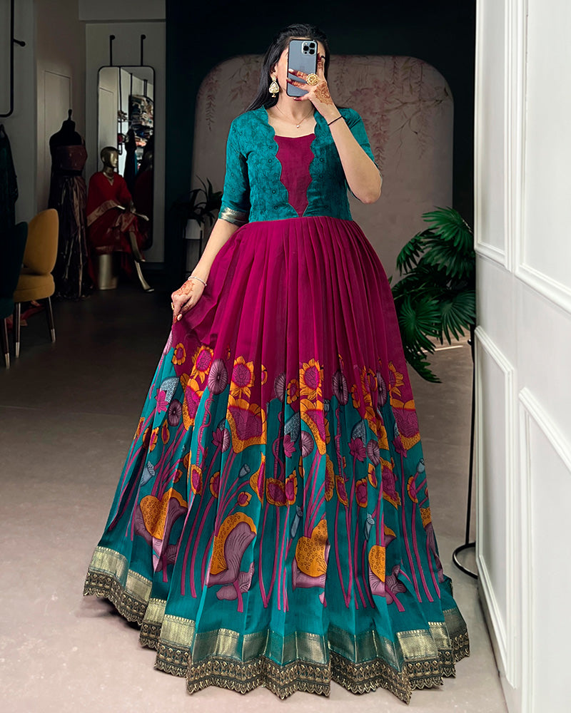 Pink Color Viscose Chanderi Floral Printed Gown