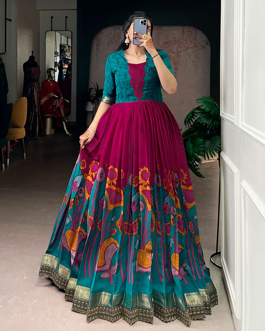 Pink Color Viscose Chanderi Floral Printed Gown