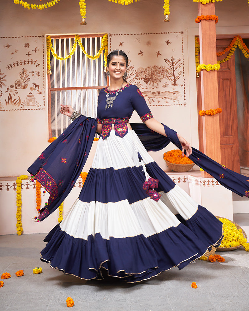 Blue And White Color Viscose Rayon Thread And Mirror Work Fully Stitched Navratri Lehenga Choli